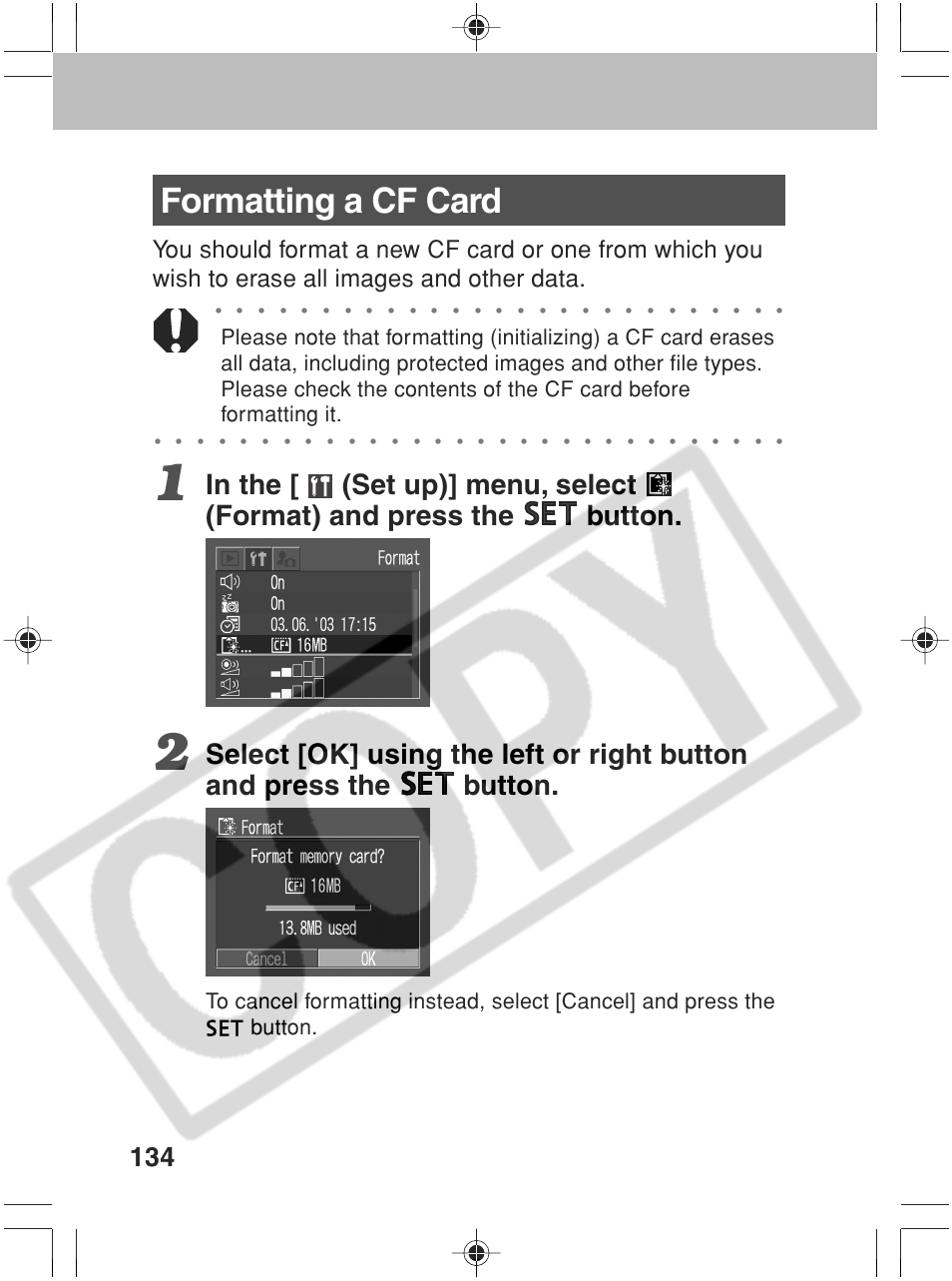 Formatting a cf card | Canon SC A60 User Manual | Page 138 / 230