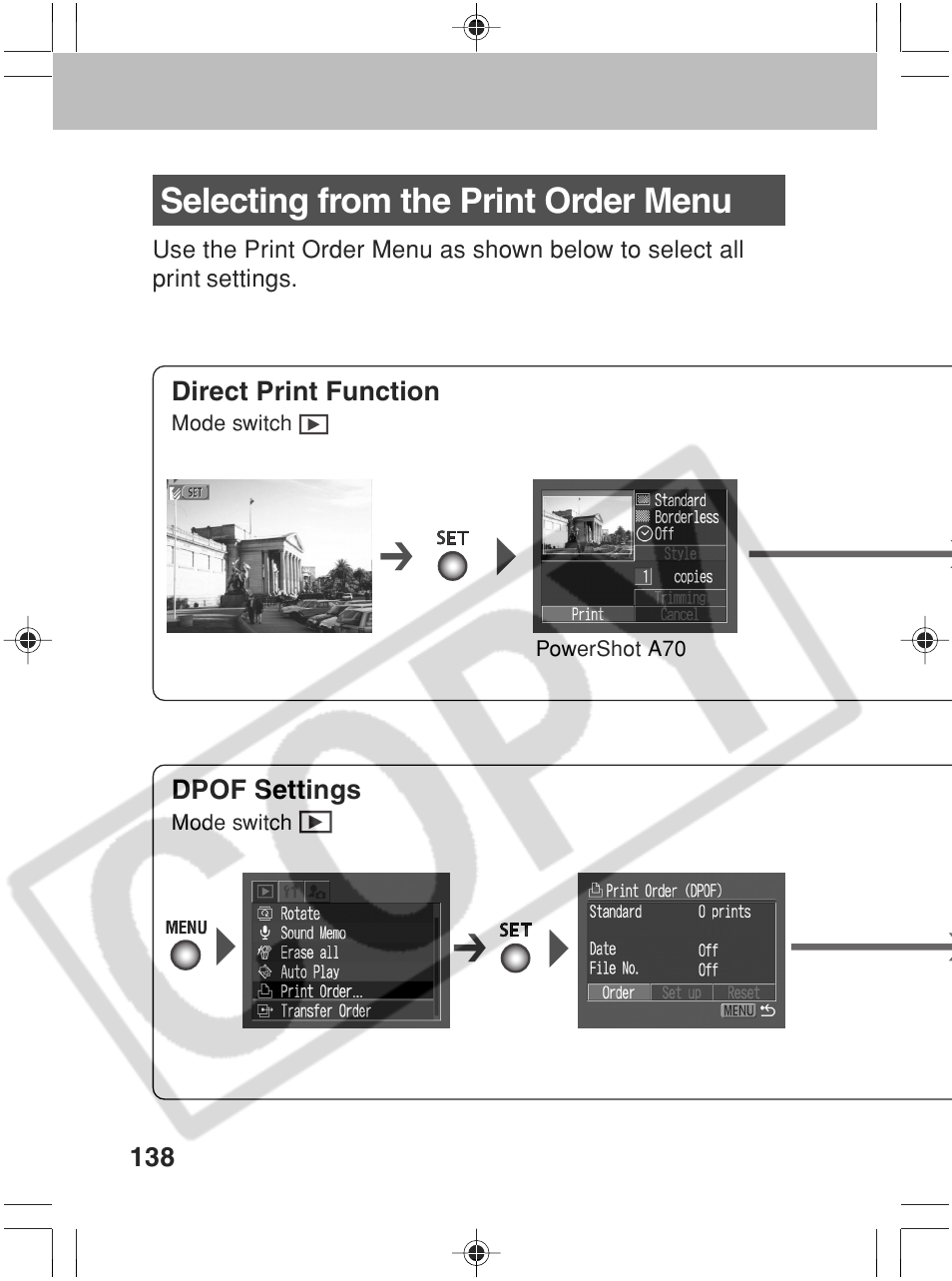 Selecting from the print order menu | Canon SC A60 User Manual | Page 142 / 230