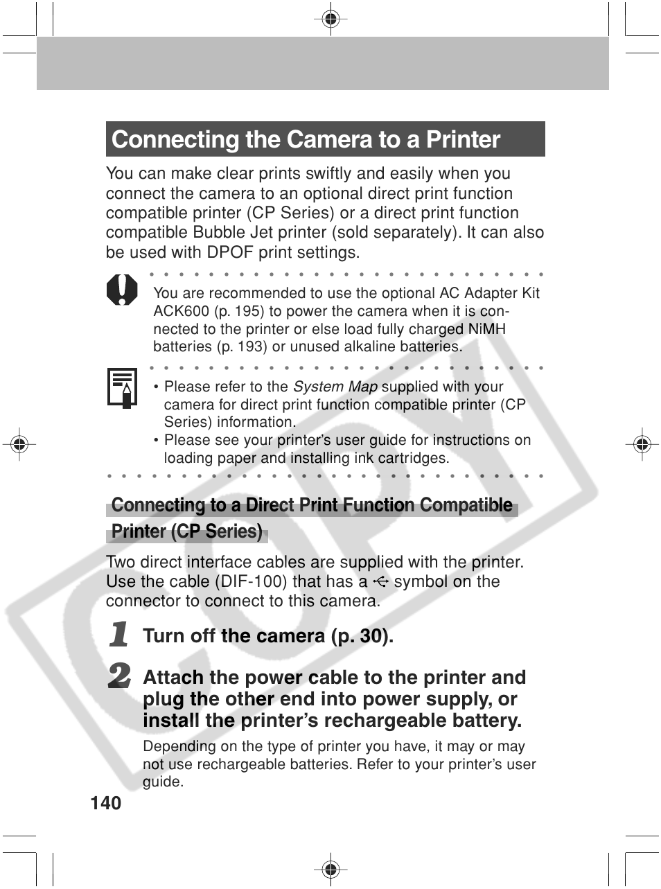 Connecting the camera to a printer, Turn off the camera (p. 30), System map | Please refer to the | Canon SC A60 User Manual | Page 144 / 230