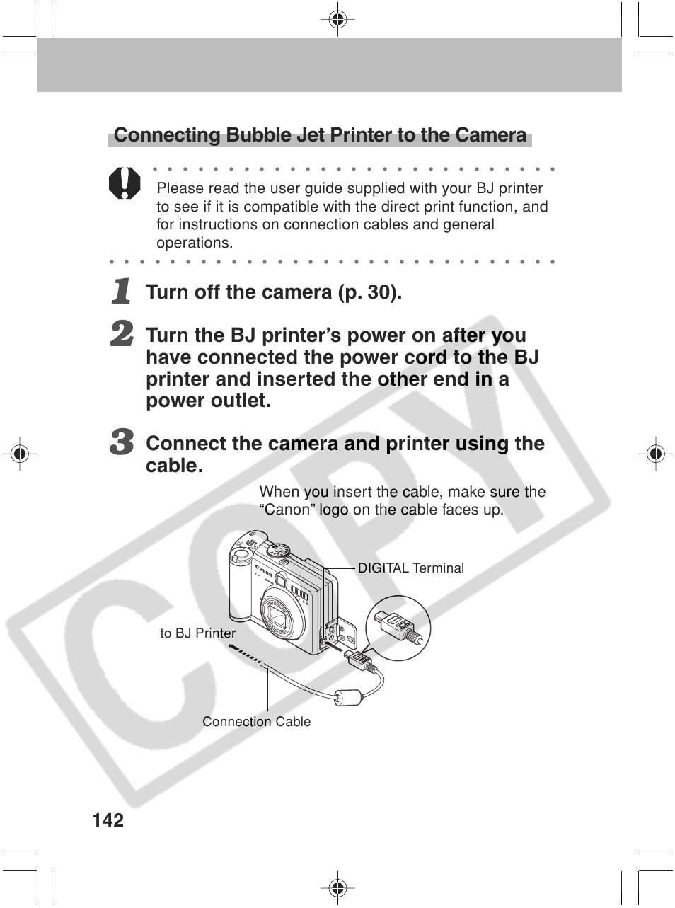 Connecting bubble jet printer to the camera, Turn off the camera (p. 30), Connect the camera and printer using the cable | Digital terminal connection cable to bj printer | Canon SC A60 User Manual | Page 146 / 230