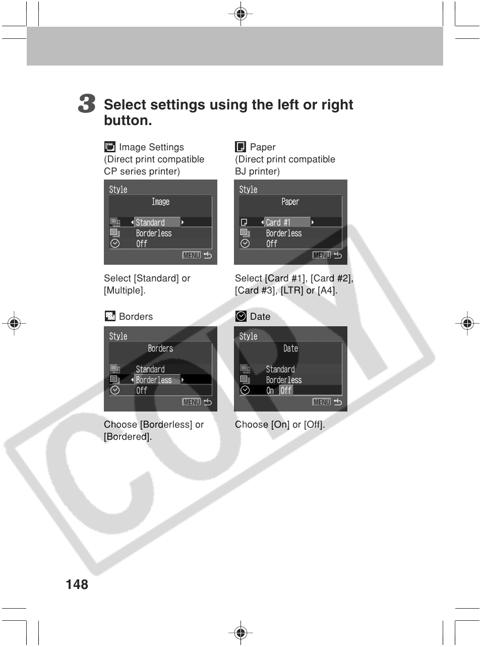 Select settings using the left or right button | Canon SC A60 User Manual | Page 152 / 230