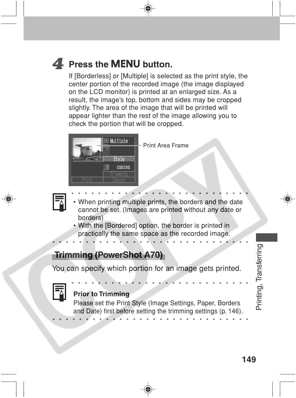 Press the button, Trimming (powershot a70), Pr inting, t ransf err ing | Print area frame | Canon SC A60 User Manual | Page 153 / 230