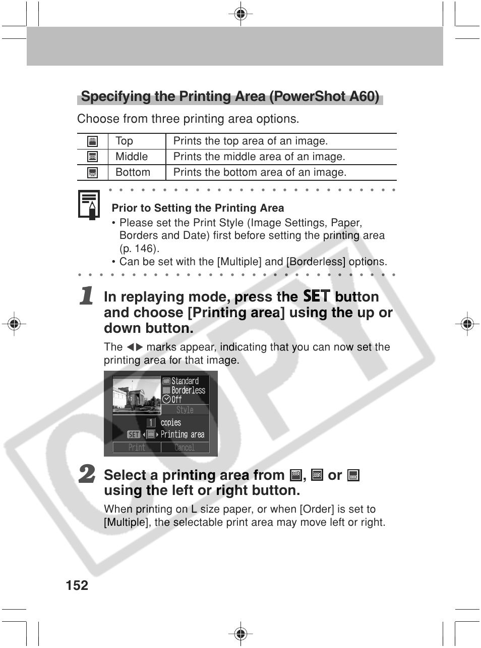 Specifying the printing area (powershot a60), Choose from three printing area options | Canon SC A60 User Manual | Page 156 / 230