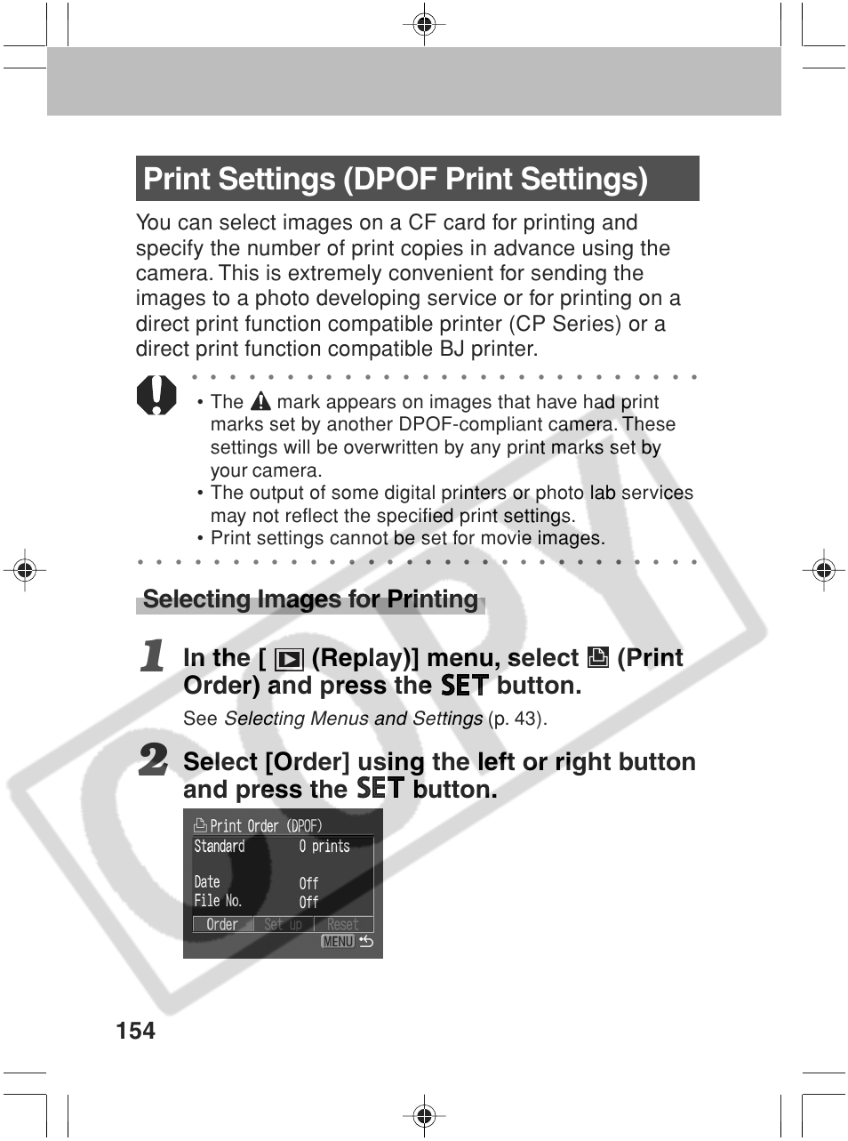 Print settings (dpof print settings), Selecting images for printing, Selecting menus and settings | P. 43) | Canon SC A60 User Manual | Page 158 / 230