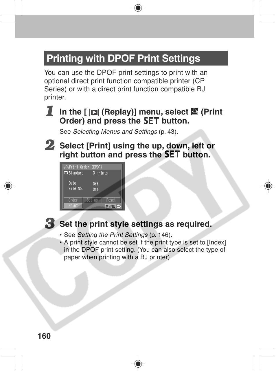 Printing with dpof print settings | Canon SC A60 User Manual | Page 164 / 230