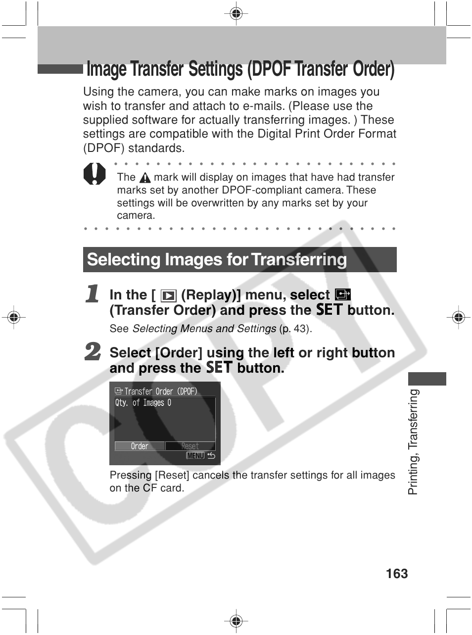 Image transfer settings (dpof transfer order), Selecting images for transferring, Pr inting, t ransf err ing | Selecting menus and settings, P. 43) | Canon SC A60 User Manual | Page 167 / 230