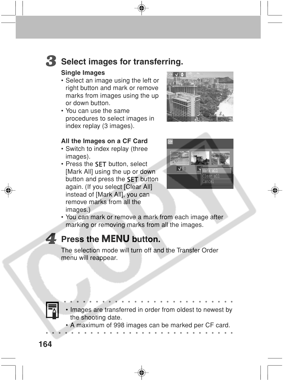 Select images for transferring, Press the button | Canon SC A60 User Manual | Page 168 / 230