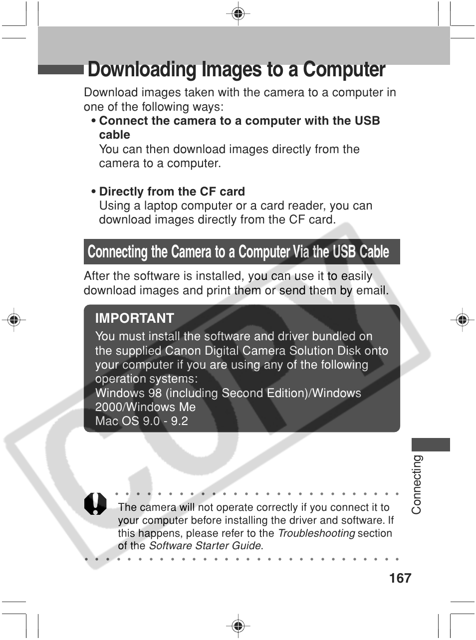 Downloading images to a computer, Important, Connecting | Troubleshooting, Software starter guide | Canon SC A60 User Manual | Page 171 / 230