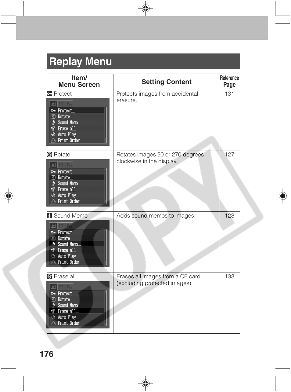 Replay menu | Canon SC A60 User Manual | Page 180 / 230