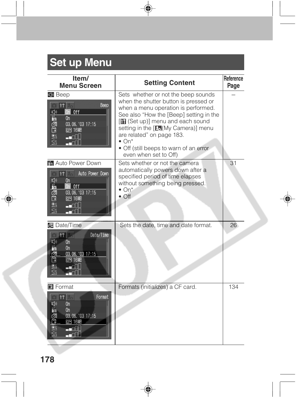 Set up menu | Canon SC A60 User Manual | Page 182 / 230