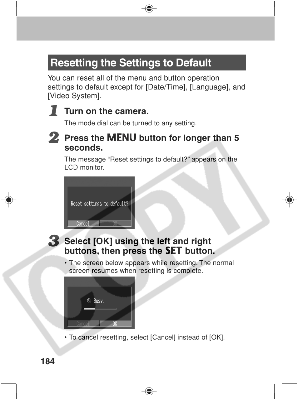 Resetting the settings to default | Canon SC A60 User Manual | Page 188 / 230