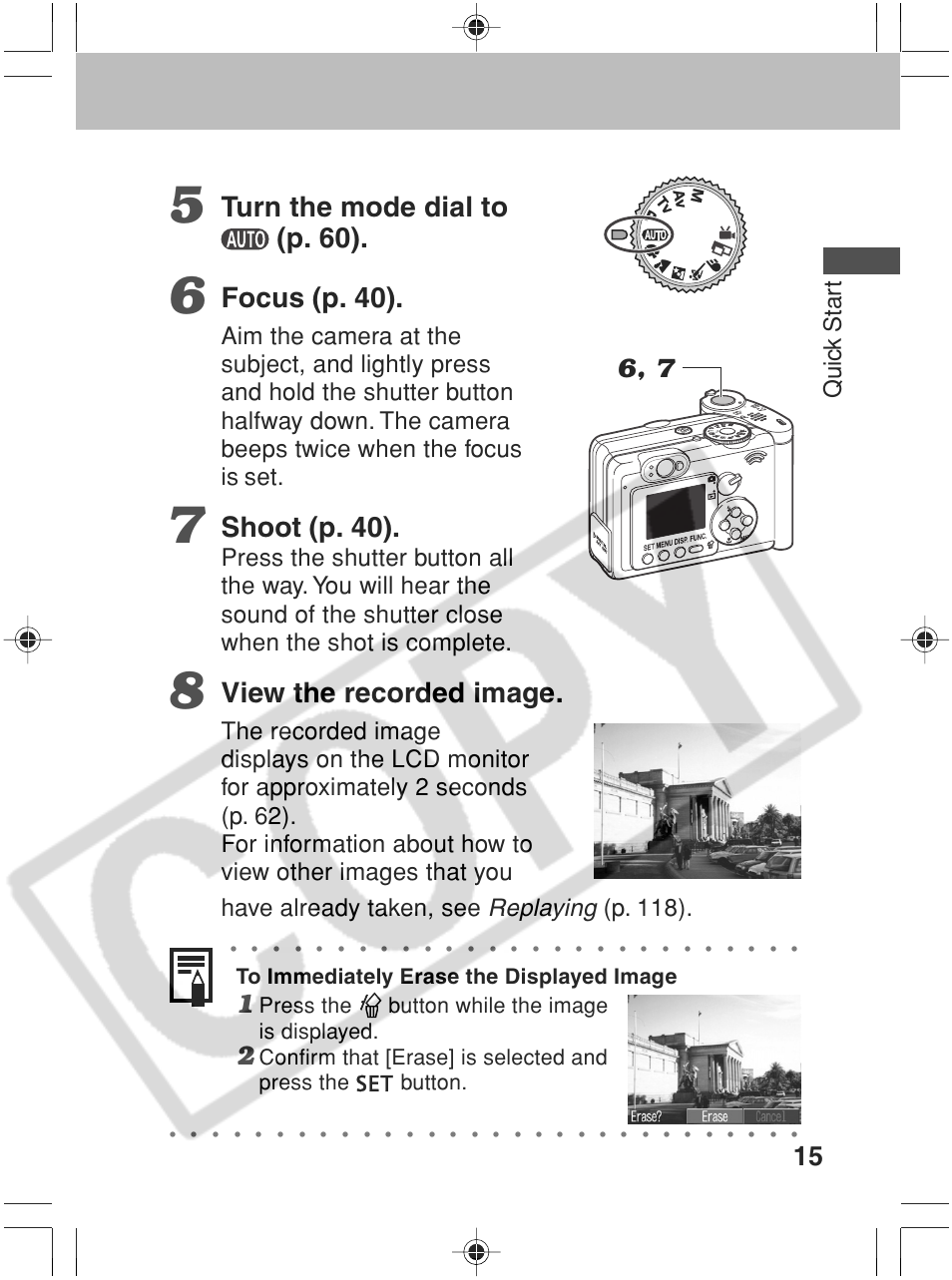 Turn the mode dial to (p. 60), Focus (p. 40), Shoot (p. 40) | View the recorded image, Quic k star t, Press the button while the image is displayed | Canon SC A60 User Manual | Page 19 / 230