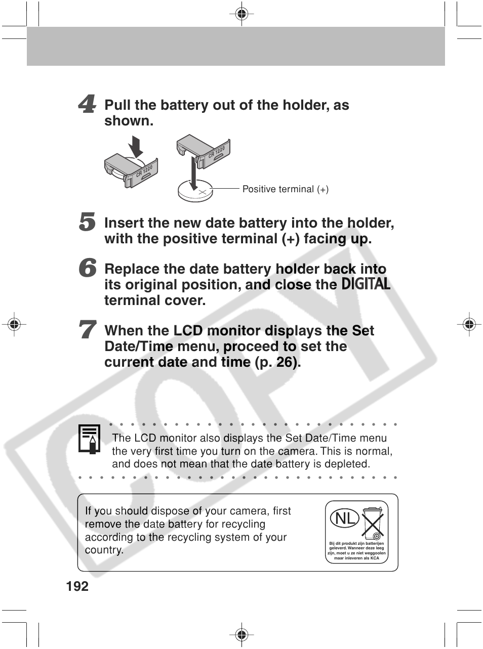 Pull the battery out of the holder, as shown, Positive terminal (+) | Canon SC A60 User Manual | Page 196 / 230