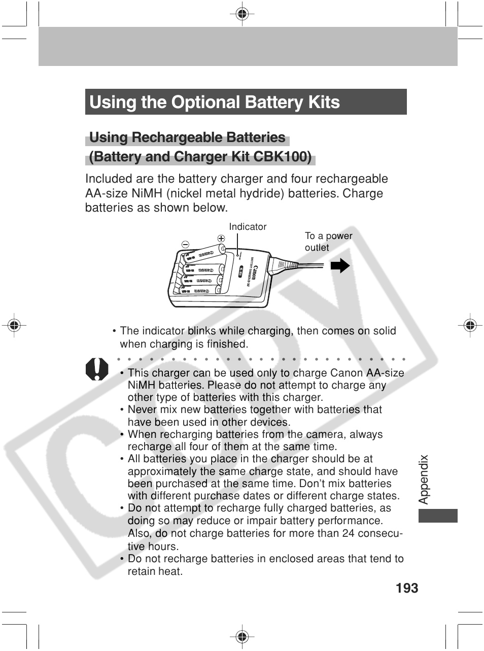 Using the optional battery kits, Appendix, Indicator to a power outlet | Canon SC A60 User Manual | Page 197 / 230