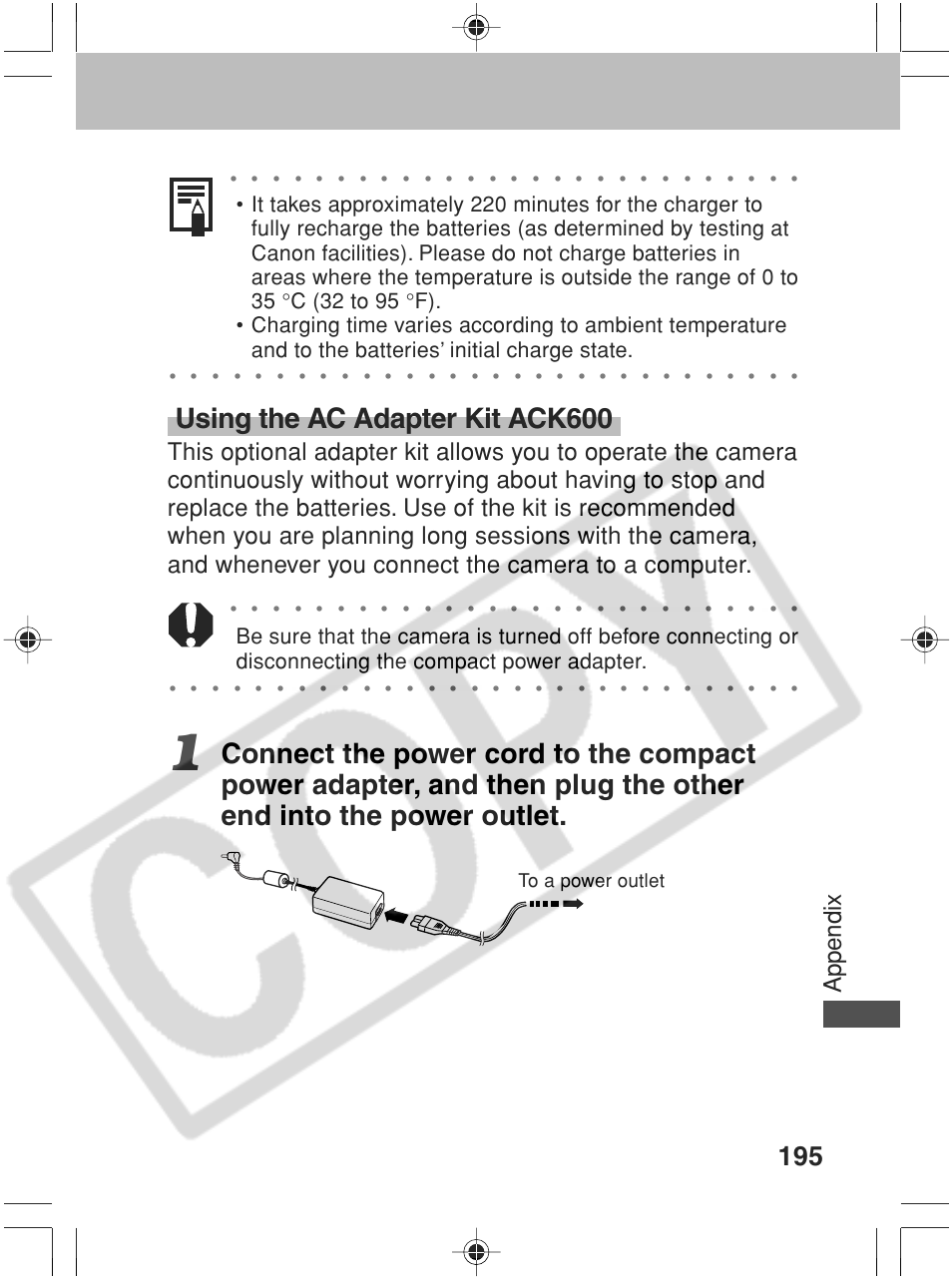 Using the ac adapter kit ack600, Appendix | Canon SC A60 User Manual | Page 199 / 230