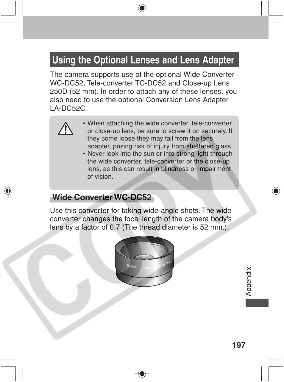 Using the optional lenses and lens adapter, Wide converter wc-dc52 | Canon SC A60 User Manual | Page 201 / 230