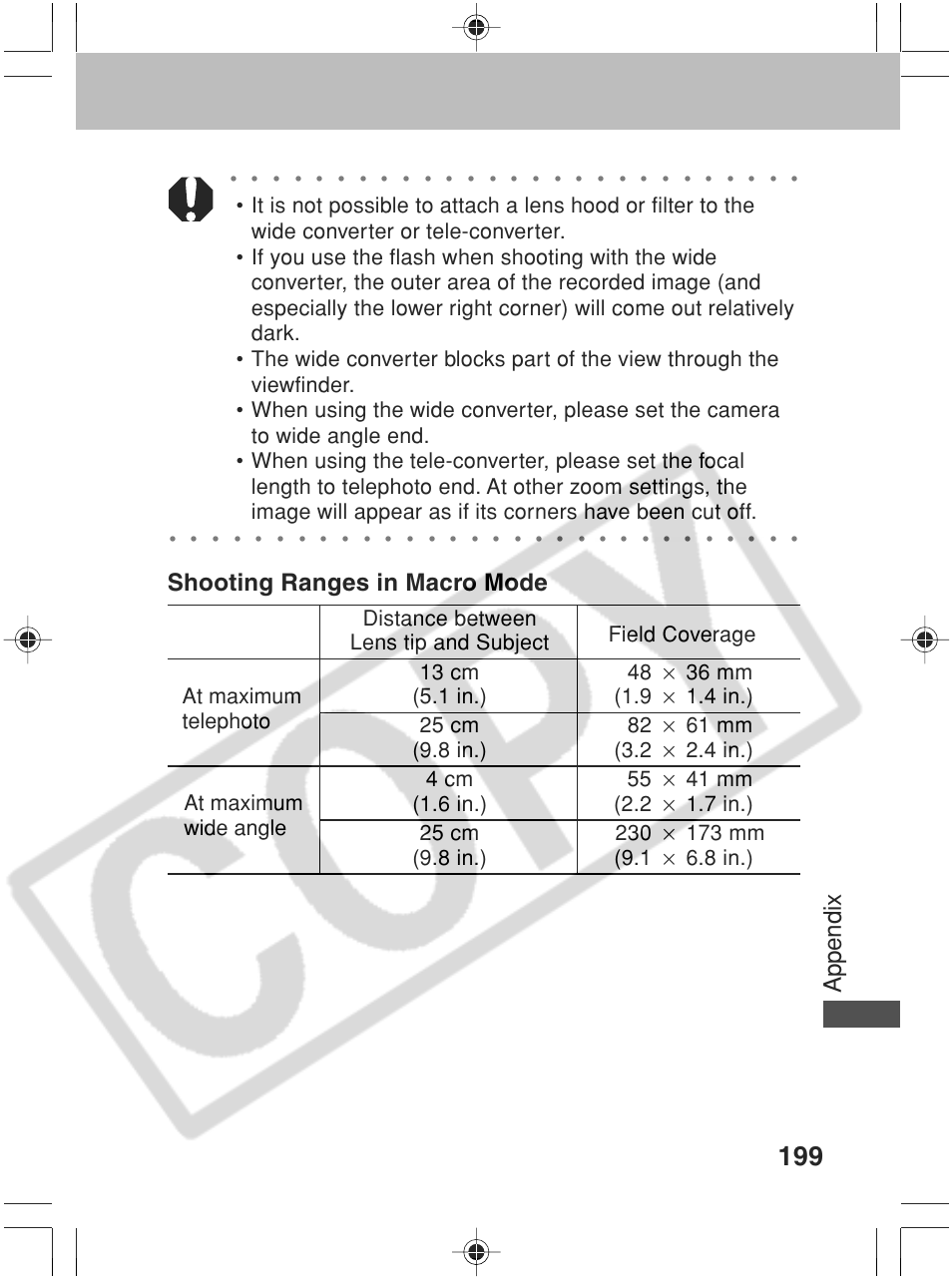 Appendix shooting ranges in macro mode | Canon SC A60 User Manual | Page 203 / 230