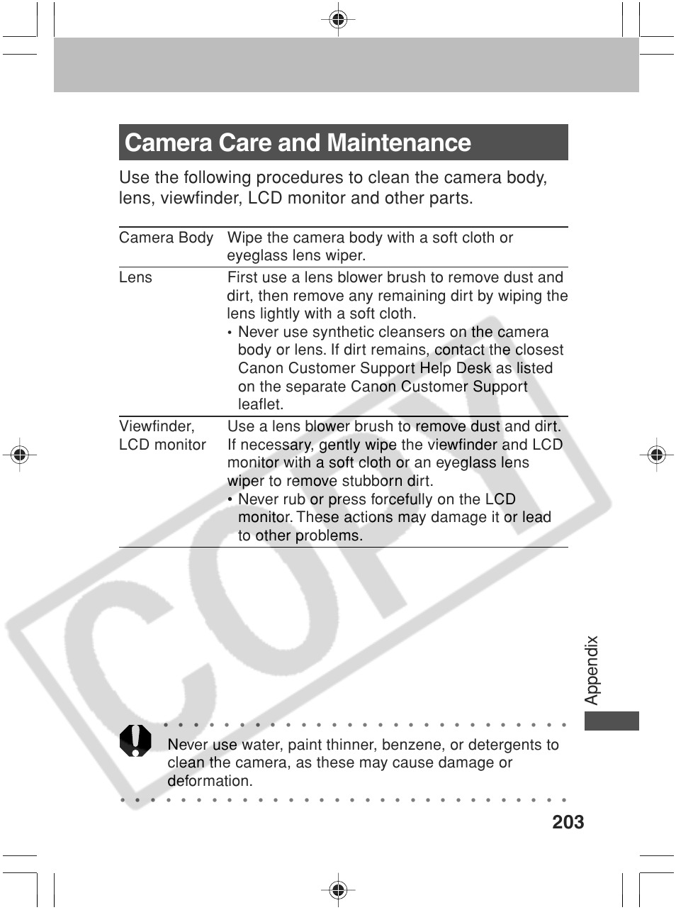 Camera care and maintenance, Appendix, Viewfinder, lcd monitor | Canon SC A60 User Manual | Page 207 / 230