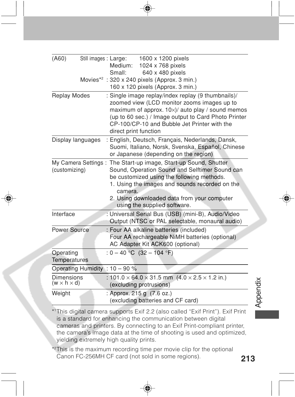 Appendix | Canon SC A60 User Manual | Page 217 / 230