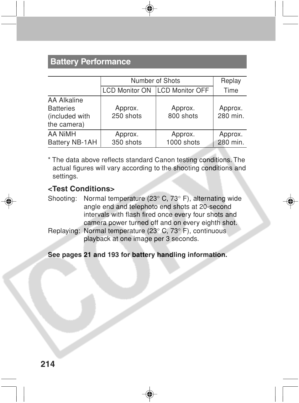 214 battery performance | Canon SC A60 User Manual | Page 218 / 230