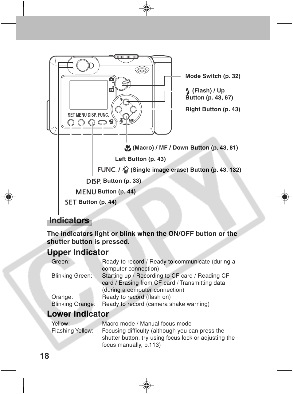 Indicators, Upper indicator, Lower indicator | Canon SC A60 User Manual | Page 22 / 230