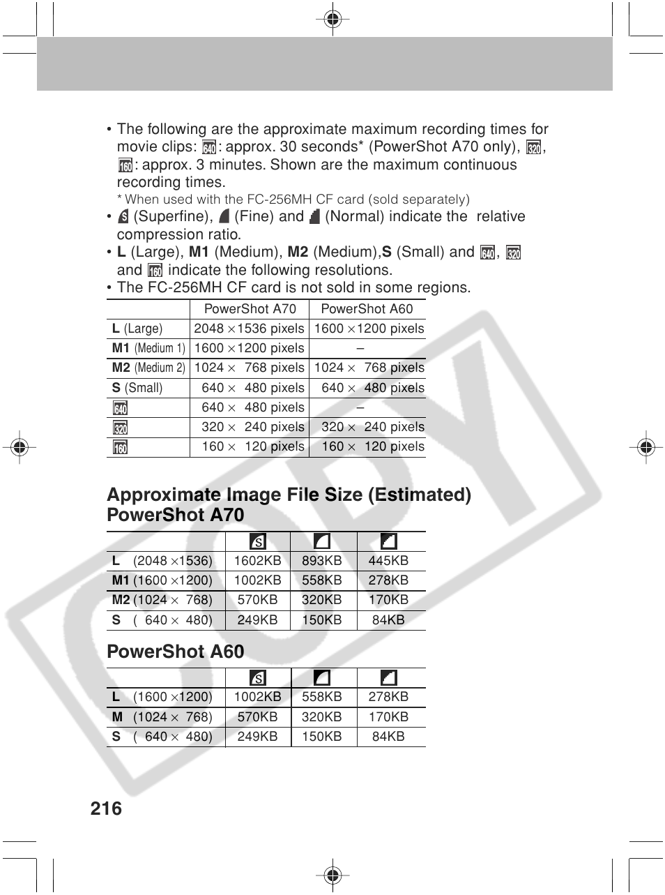 Powershot a60 | Canon SC A60 User Manual | Page 220 / 230