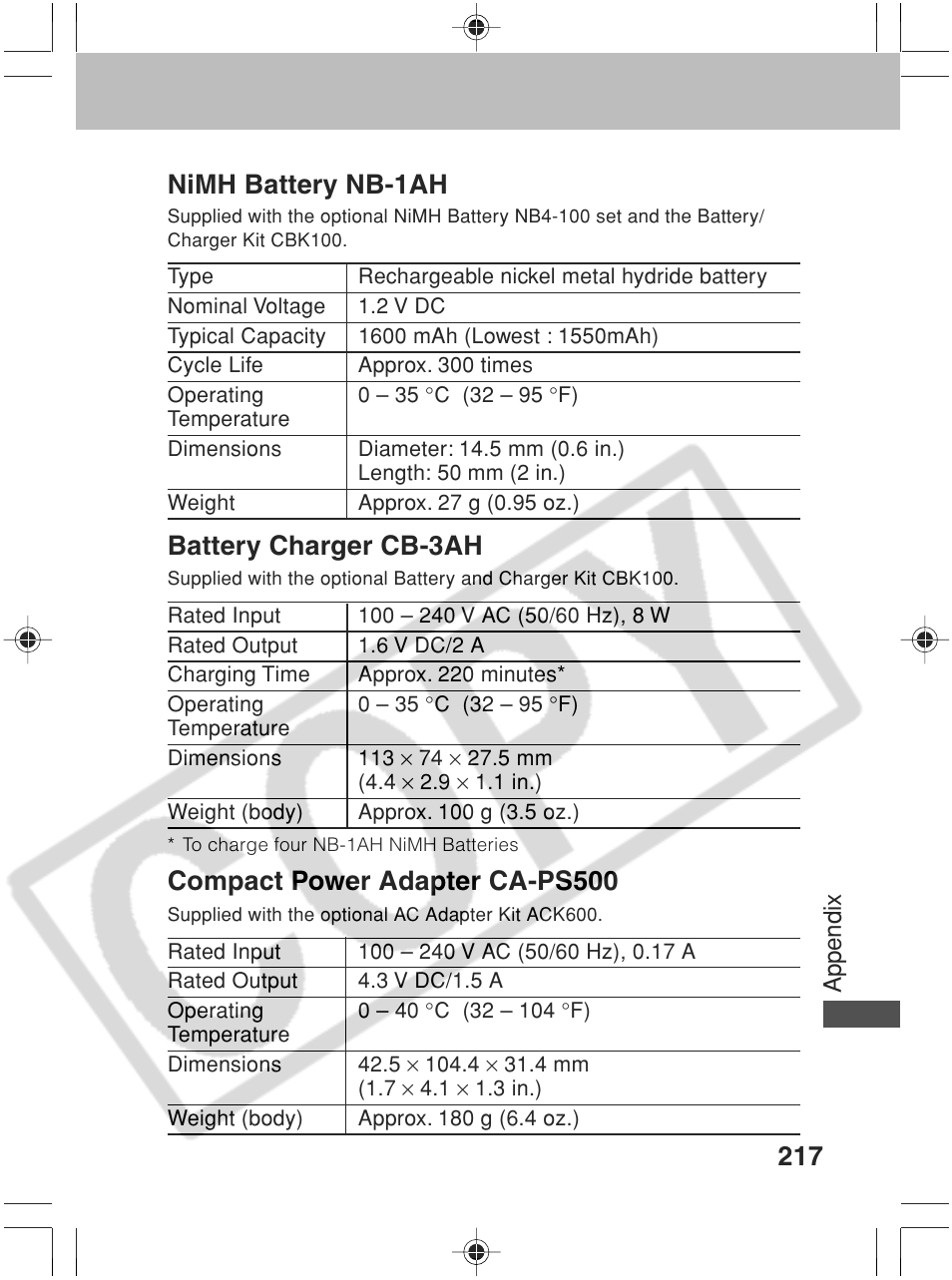 Nimh battery nb-1ah, Battery charger cb-3ah, Compact power adapter ca-ps500 | Canon SC A60 User Manual | Page 221 / 230