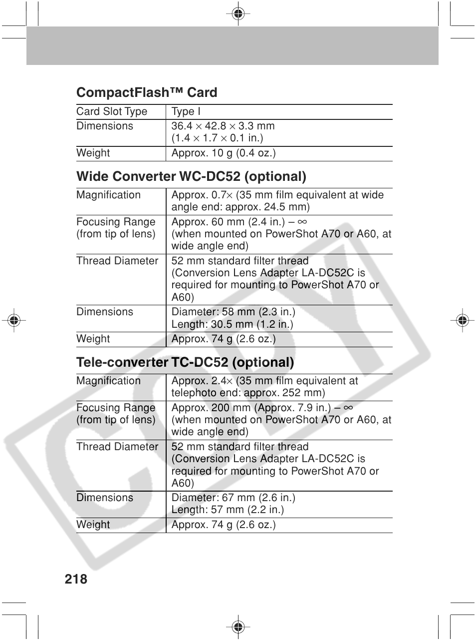 218 compactflash™ card, Wide converter wc-dc52 (optional), Tele-converter tc-dc52 (optional) | Canon SC A60 User Manual | Page 222 / 230