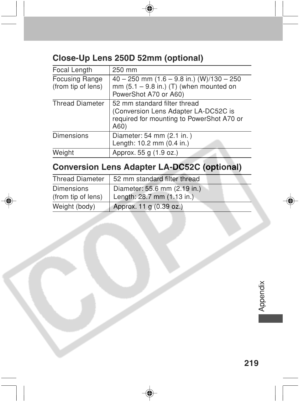 Conversion lens adapter la-dc52c (optional) | Canon SC A60 User Manual | Page 223 / 230