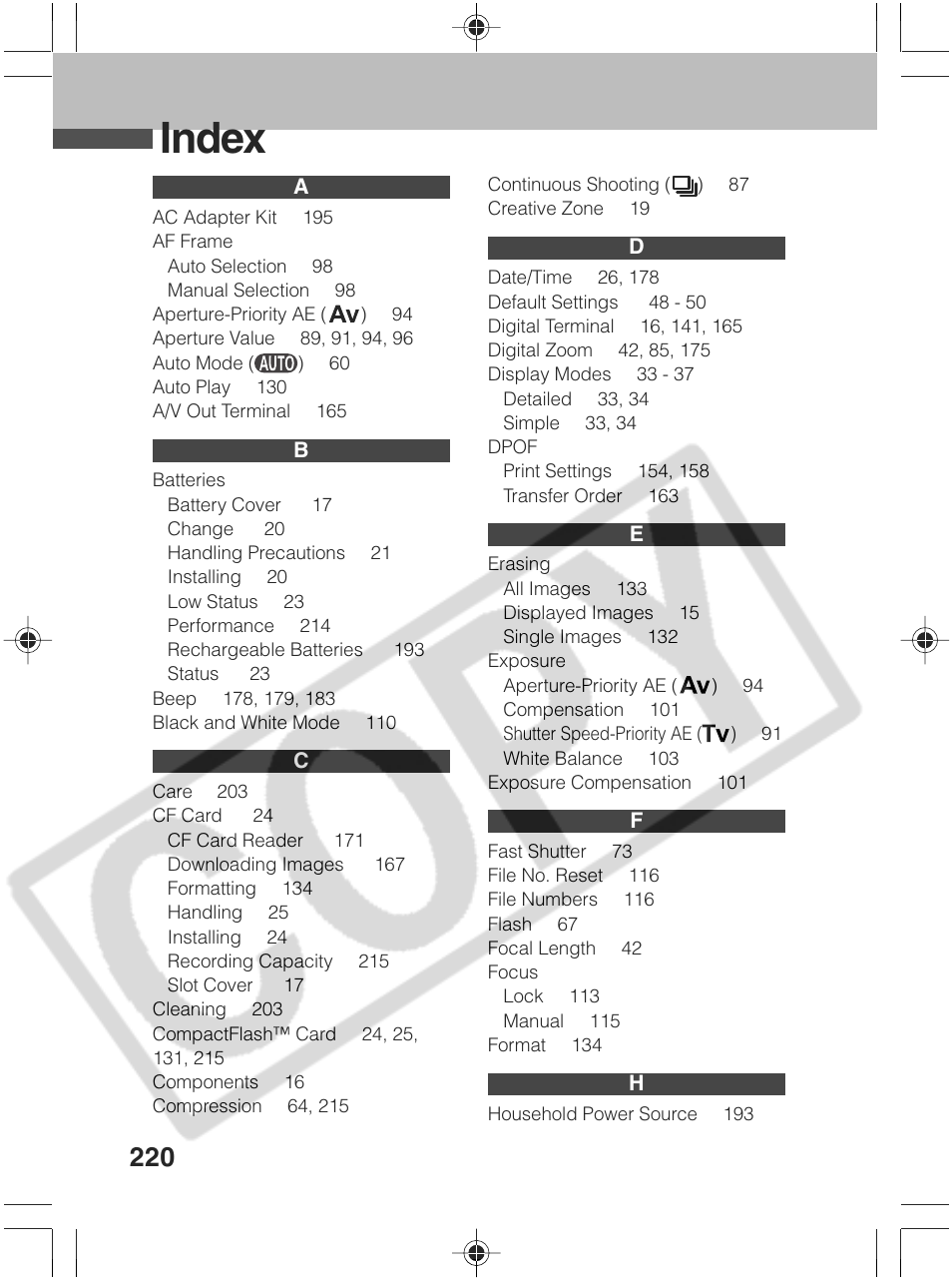 Index | Canon SC A60 User Manual | Page 224 / 230