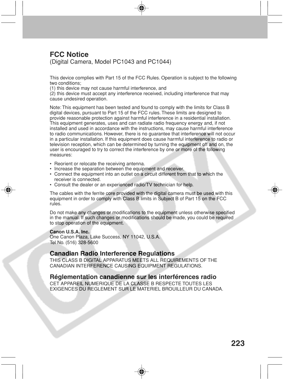 Fcc notice | Canon SC A60 User Manual | Page 227 / 230