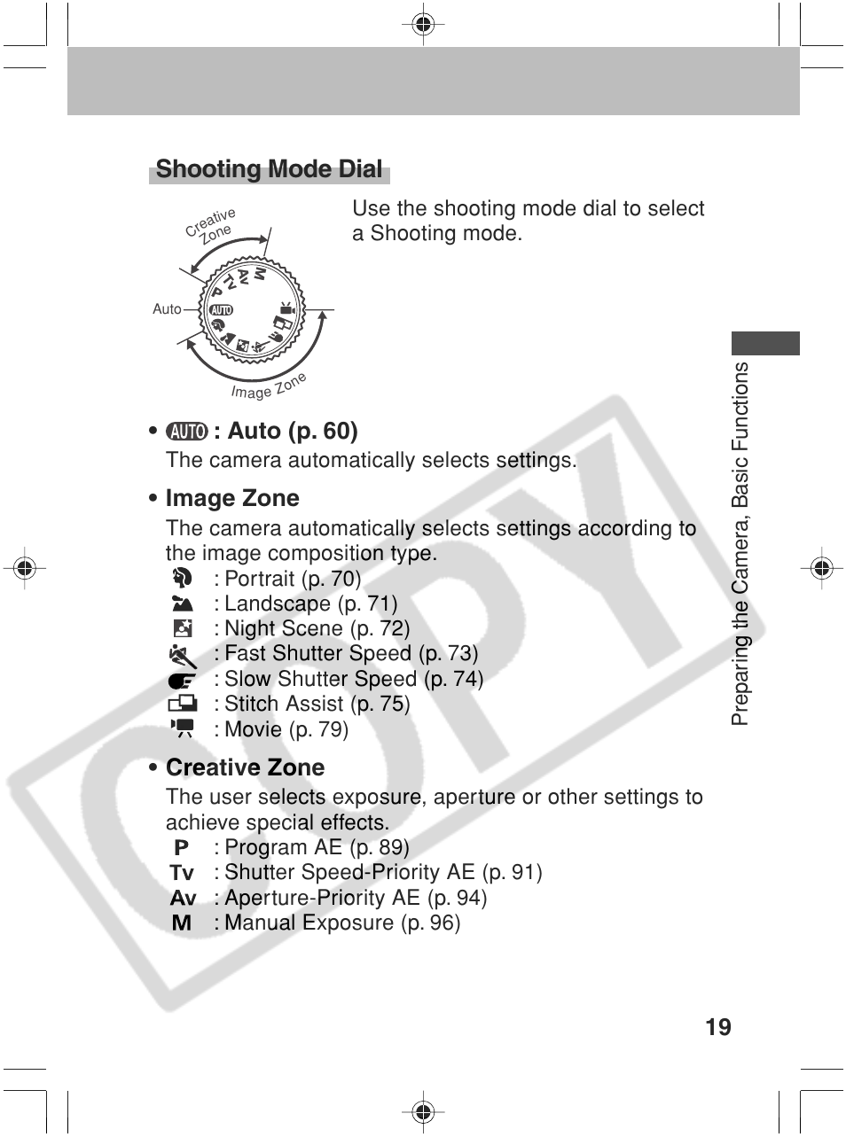 Shooting mode dial, Auto (p. 60), Image zone | Creative zone | Canon SC A60 User Manual | Page 23 / 230