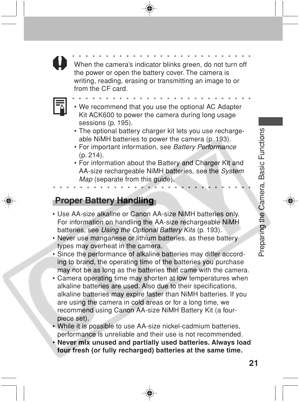 Proper battery handling, Prepar ing the camer a, basic functions, Battery performance | System map, Using the optional battery kits, Separate from this guide) | Canon SC A60 User Manual | Page 25 / 230