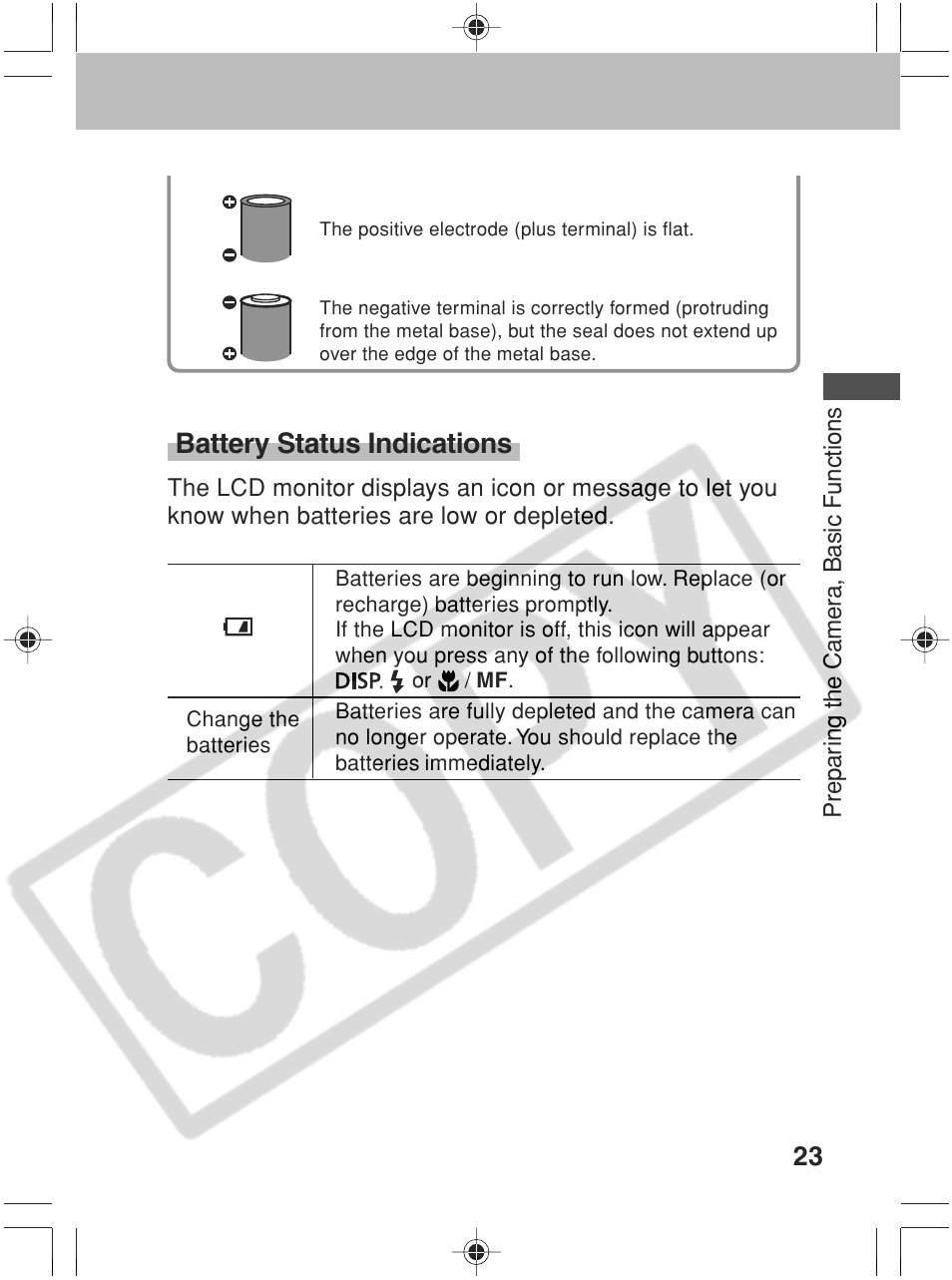 Battery status indications | Canon SC A60 User Manual | Page 27 / 230