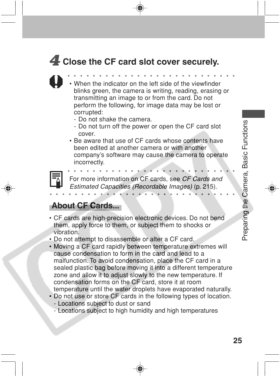 Close the cf card slot cover securely, About cf cards, Prepar ing the camer a, basic functions | For more information on cf cards, see, P. 215) | Canon SC A60 User Manual | Page 29 / 230