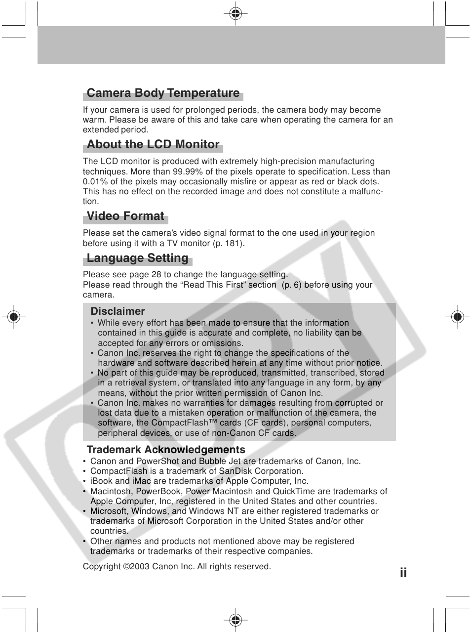 Camera body temperature, About the lcd monitor, Video format | Language setting | Canon SC A60 User Manual | Page 3 / 230