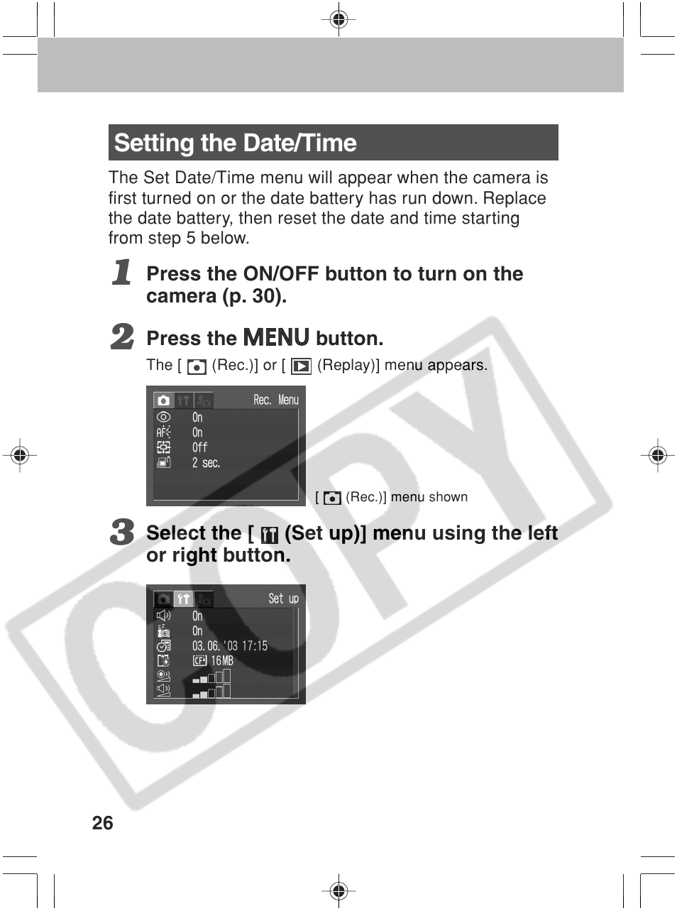 Setting the date/time | Canon SC A60 User Manual | Page 30 / 230