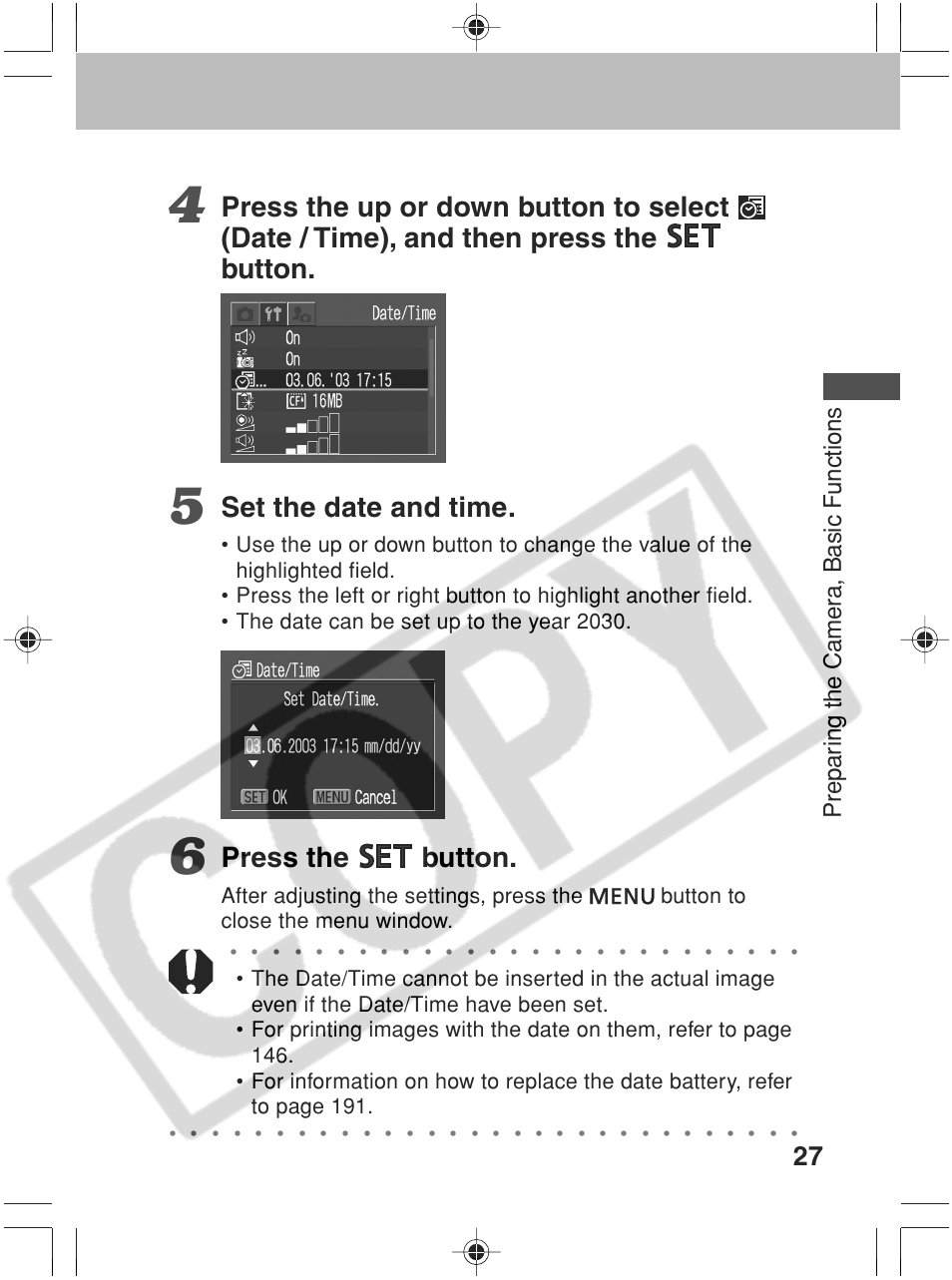 Set the date and time, Press the button, Prepar ing the camer a, basic functions | Canon SC A60 User Manual | Page 31 / 230