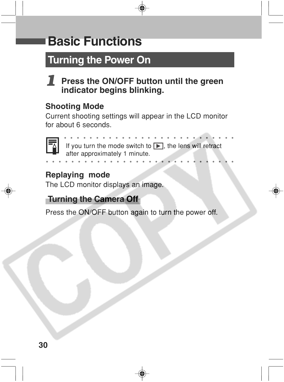 Basic functions, Turning the power on, Turning the camera off | Shooting mode, Replaying mode, The lcd monitor displays an image | Canon SC A60 User Manual | Page 34 / 230