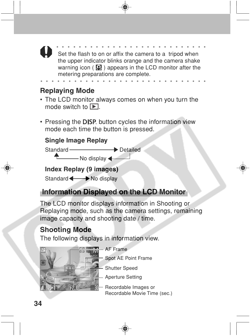 Information displayed on the lcd monitor, Shooting mode, Replaying mode | The following displays in information view, Index replay (9 images), Standard detailed no display, Standard no display | Canon SC A60 User Manual | Page 38 / 230