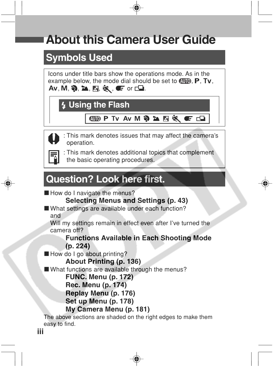 About this camera user guide, Symbols used, Question? look here first | Using the flash | Canon SC A60 User Manual | Page 4 / 230