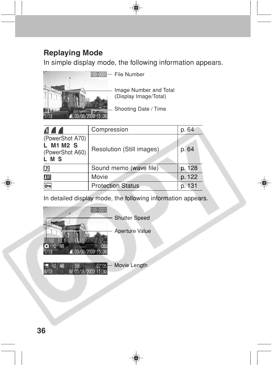 36 replaying mode | Canon SC A60 User Manual | Page 40 / 230