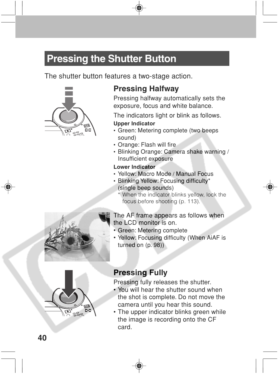 Pressing the shutter button, Pressing halfway, Pressing fully | Canon SC A60 User Manual | Page 44 / 230