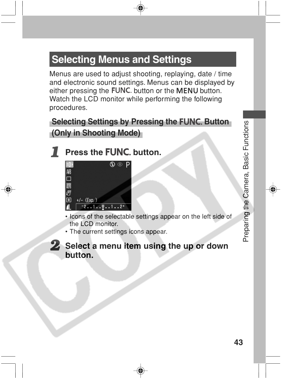 Selecting menus and settings | Canon SC A60 User Manual | Page 47 / 230