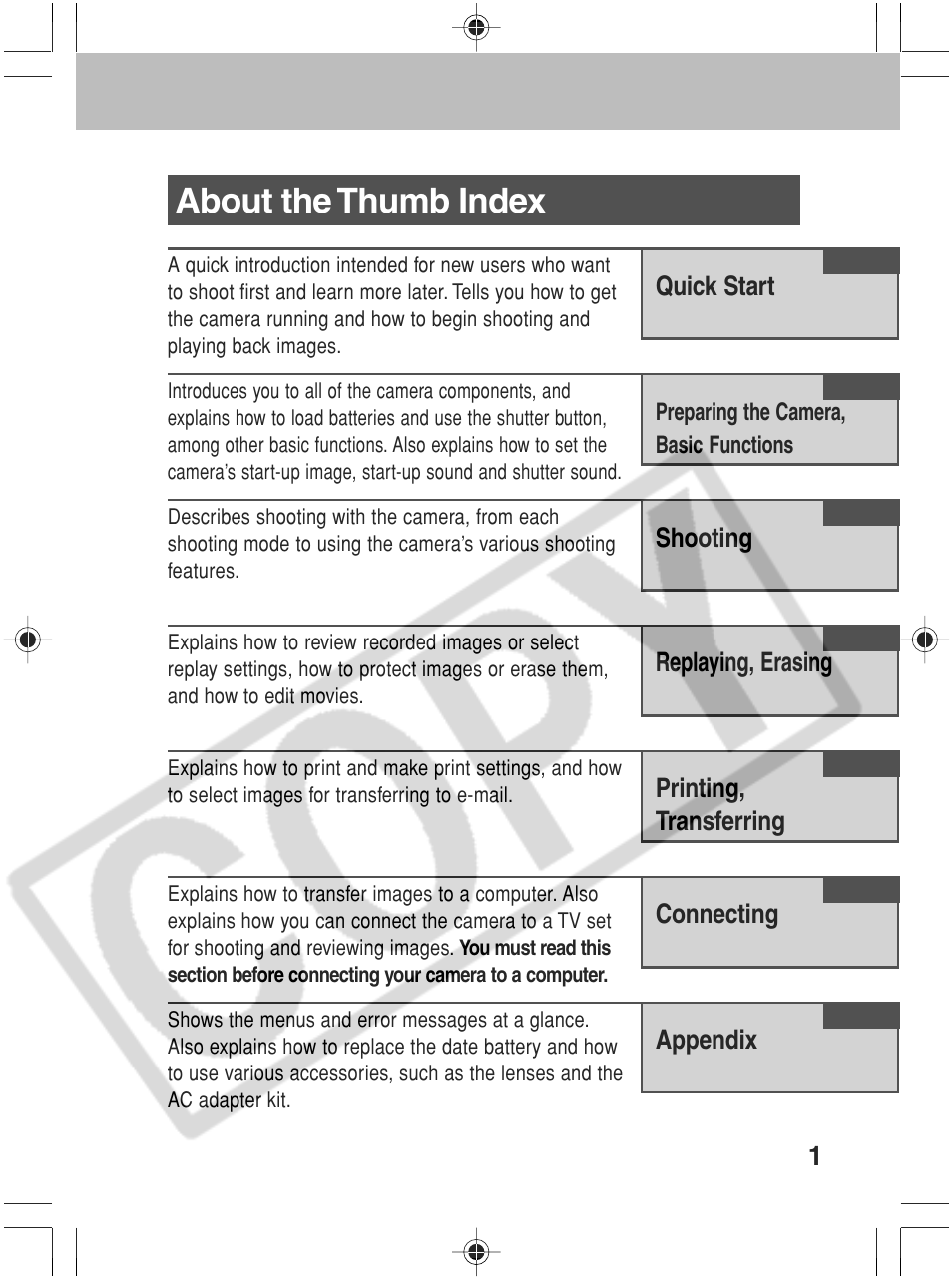 About the thumb index | Canon SC A60 User Manual | Page 5 / 230
