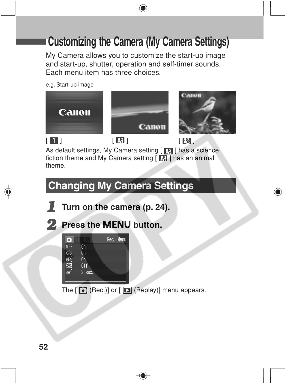 Customizing the camera (my camera settings), Changing my camera settings | Canon SC A60 User Manual | Page 56 / 230