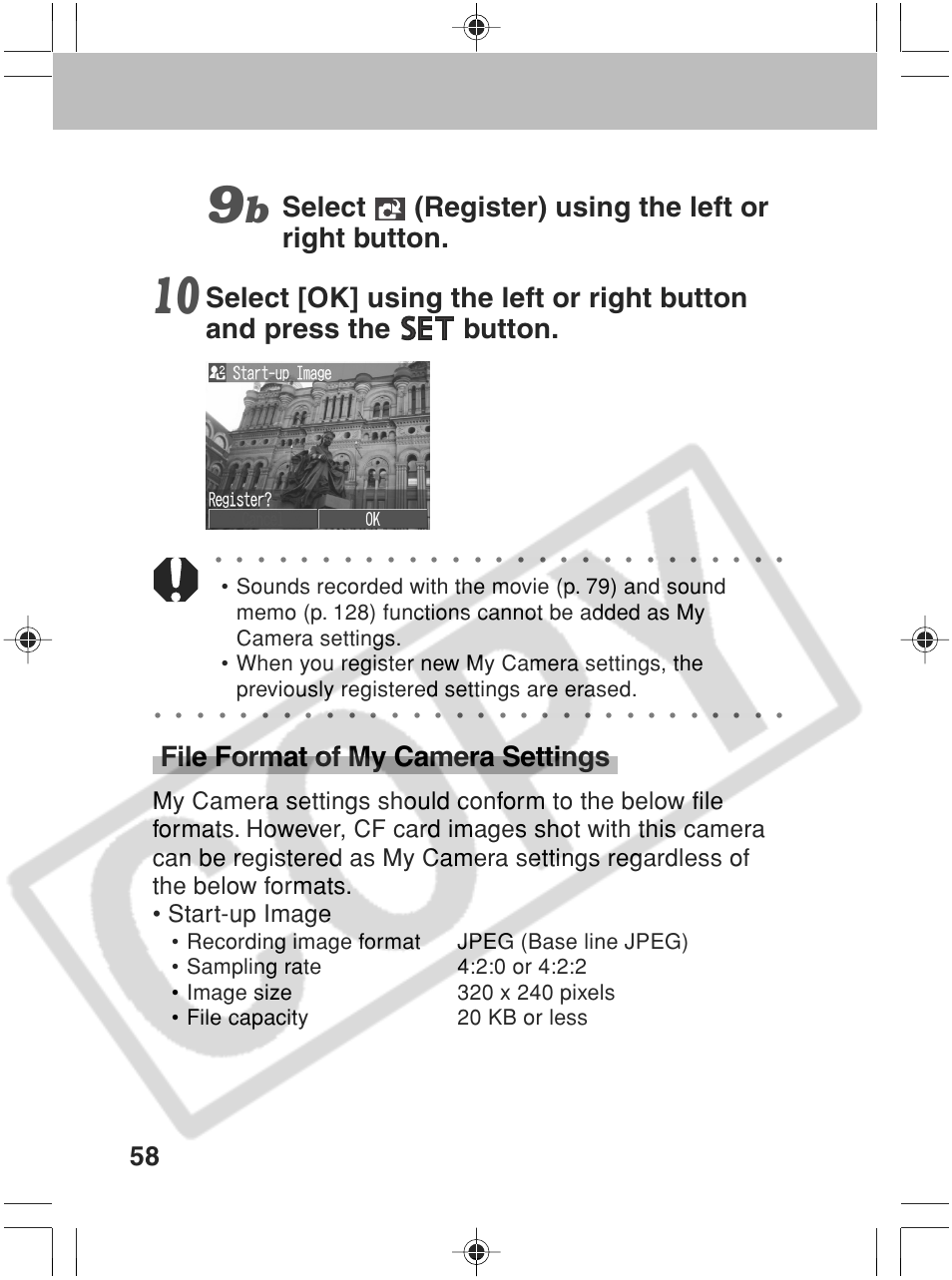 Select (register) using the left or right button, File format of my camera settings | Canon SC A60 User Manual | Page 62 / 230