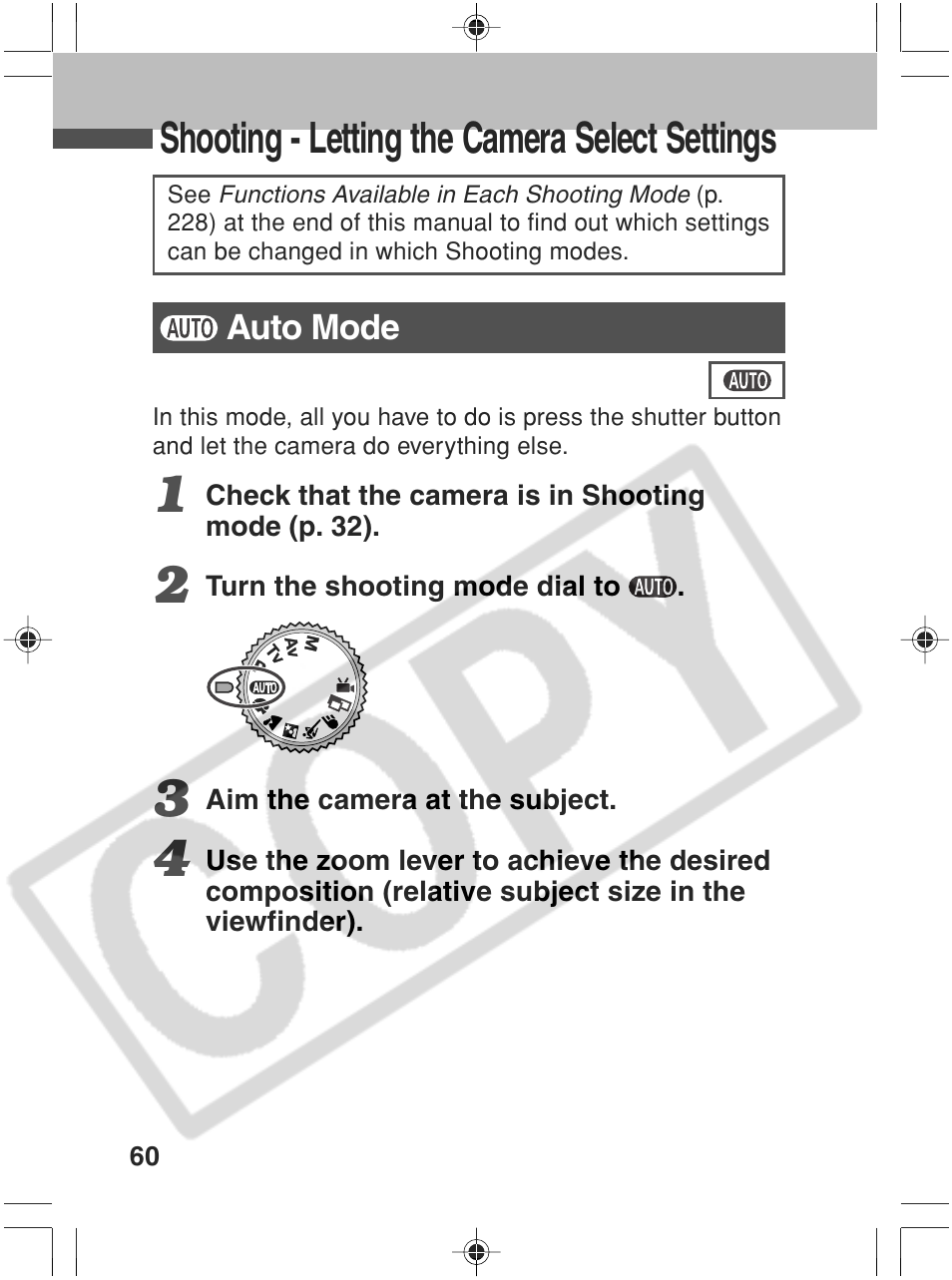 Shooting - letting the camera select settings | Canon SC A60 User Manual | Page 64 / 230