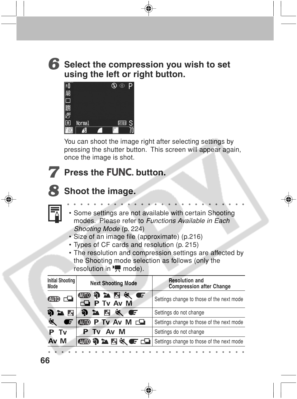 Press the button, Shoot the image, Functions available in each shooting mode | Canon SC A60 User Manual | Page 70 / 230