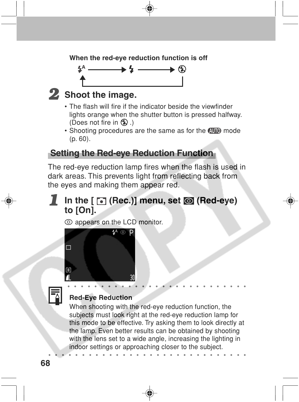 Shoot the image, Setting the red-eye reduction function, When the red-eye reduction function is off | Appears on the lcd monitor | Canon SC A60 User Manual | Page 72 / 230